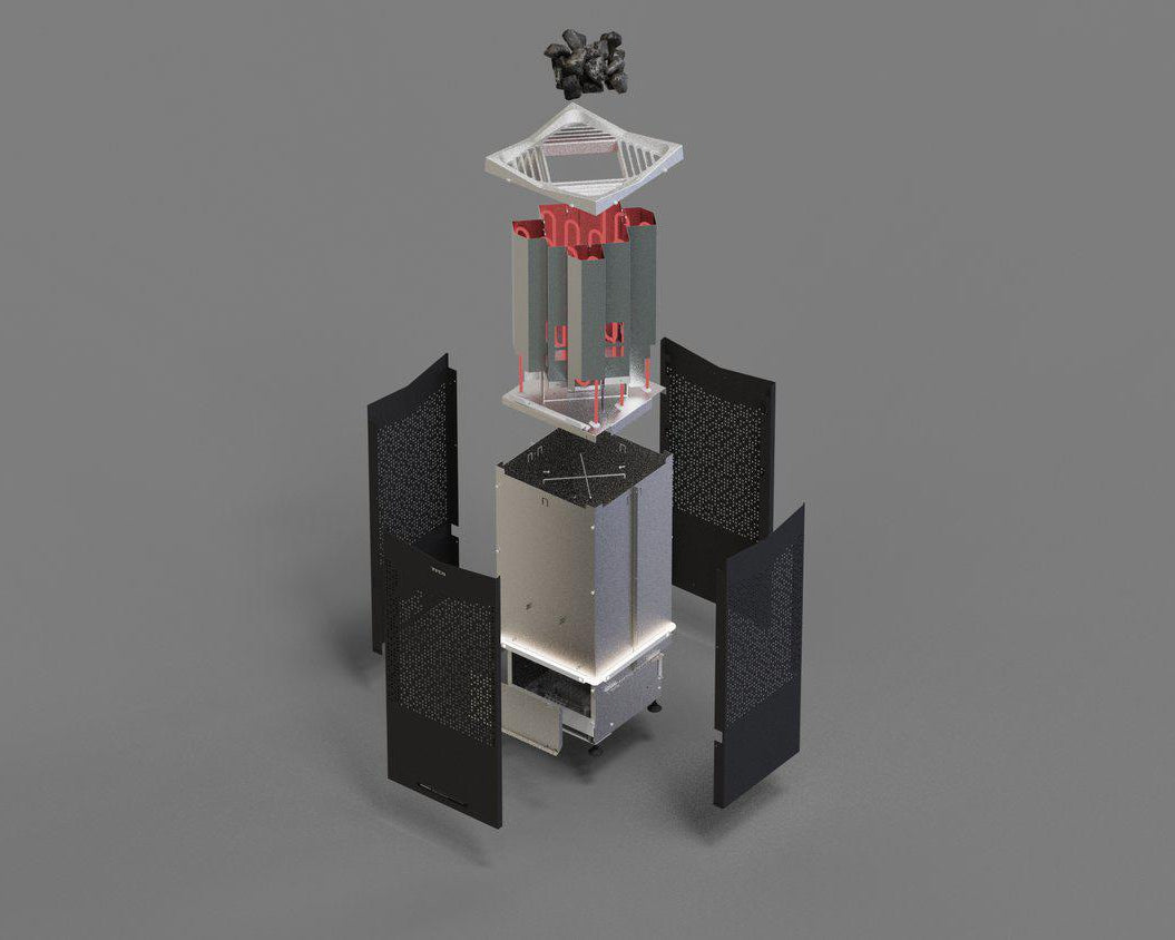 TYLO Spahub, Tall, cylindrical structure with a transparent top section axonometric diagram blowup on a gray background