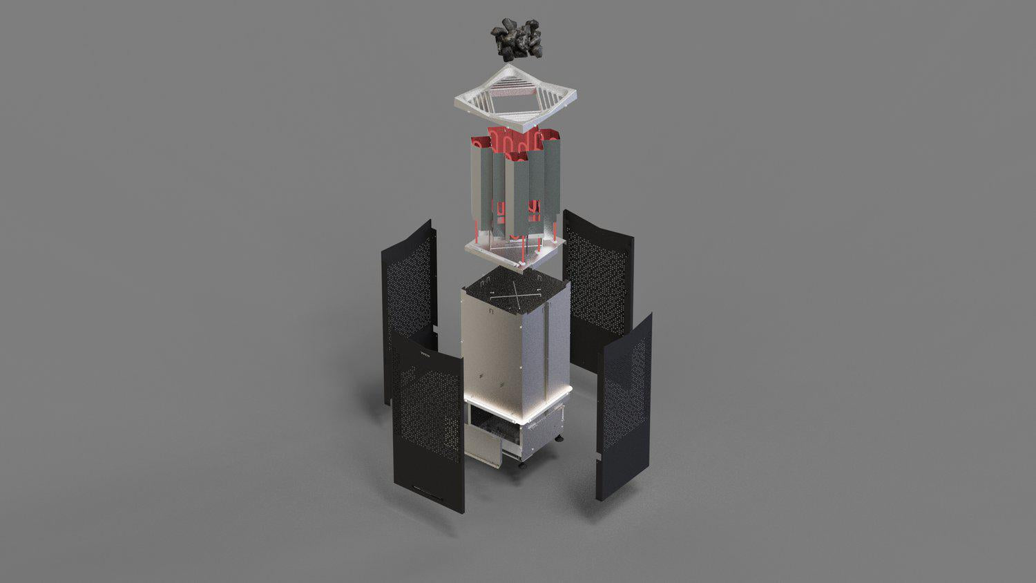 TYLO Spahub, Tall, cylindrical structure with a transparent top section axonometric diagram blowup on a gray background
