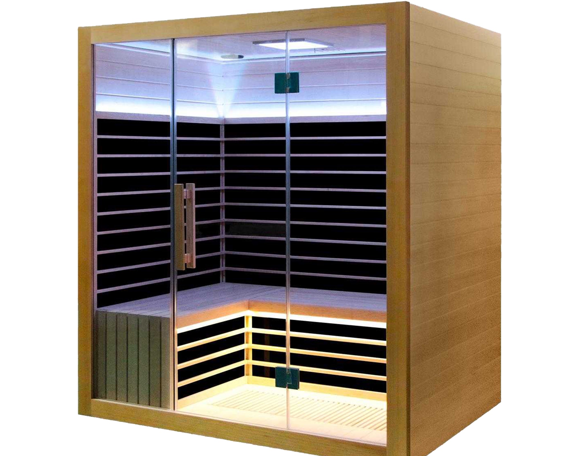 Spahub Infrared sauna with wooden exterior and glass doors on a white background