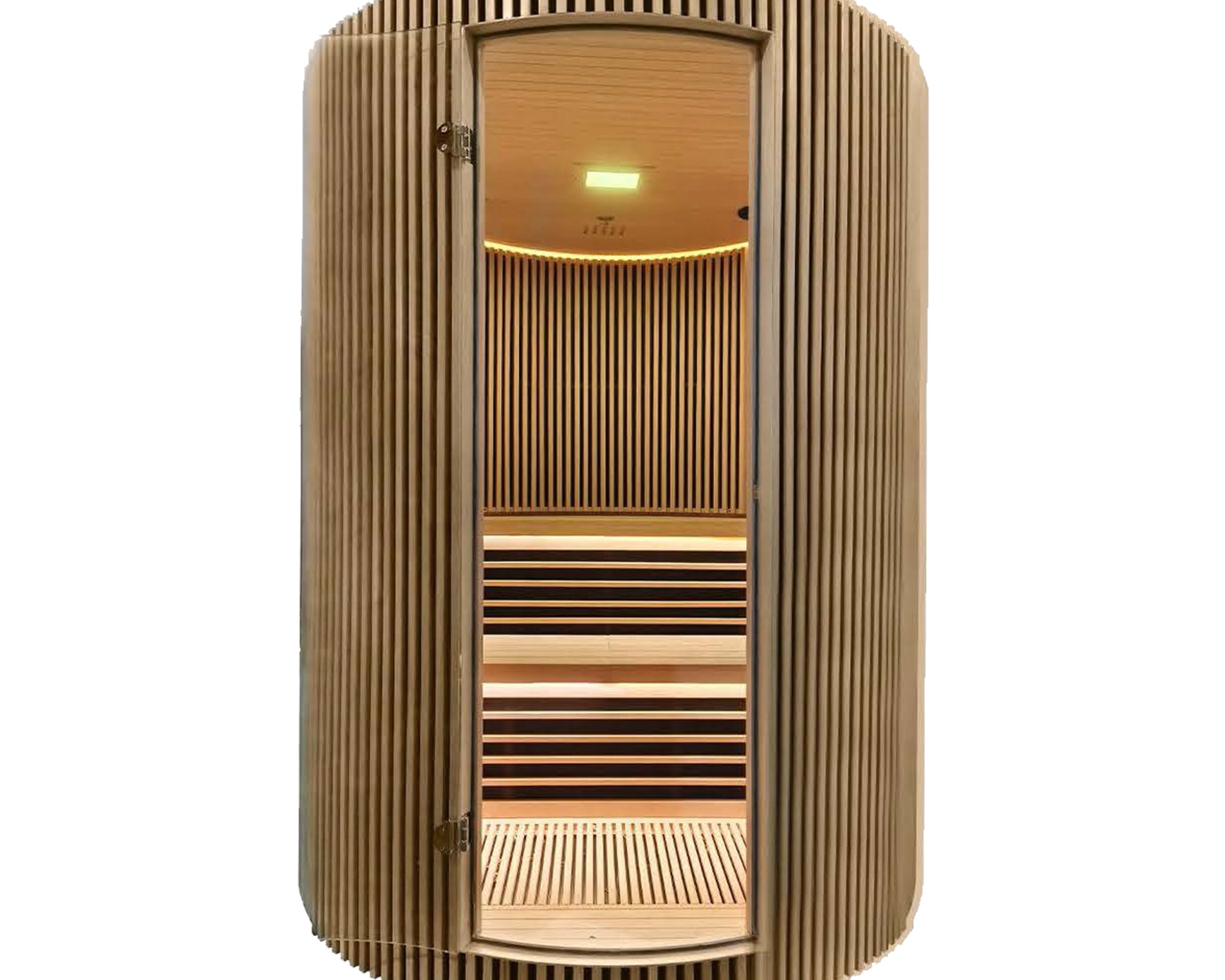 spahub Wooden infrared sauna with slatted design on a white background