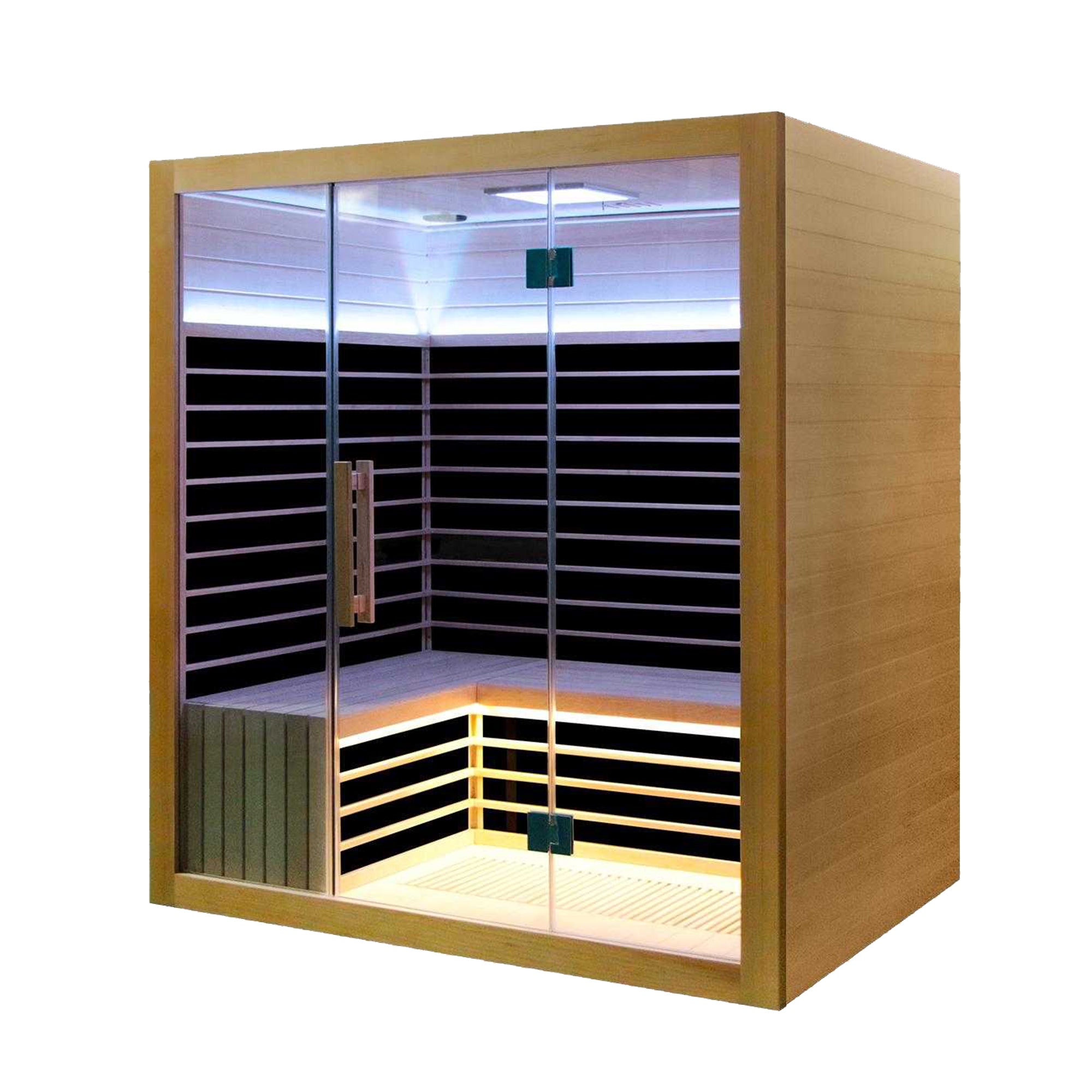 Spahub Infrared sauna with wooden exterior and glass doors on a white background