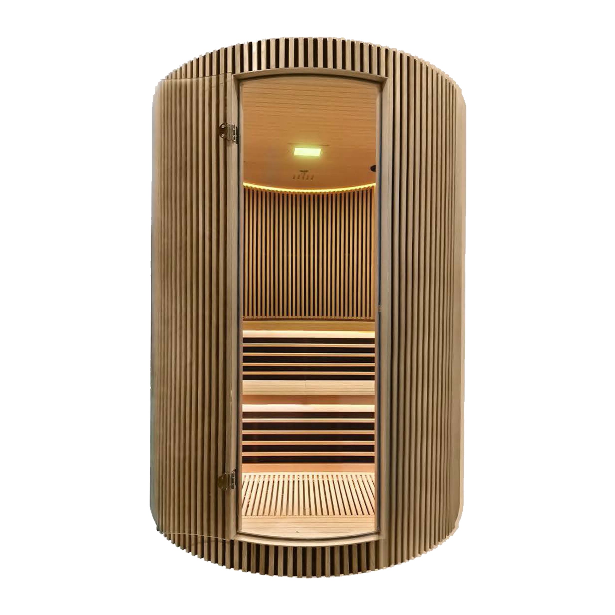 spahub Wooden infrared sauna with slatted design on a white background
